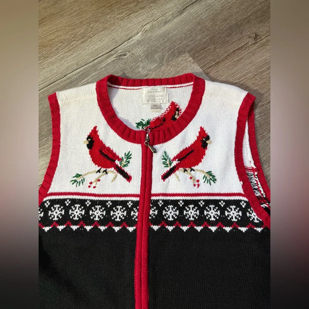 VTG Hand Embroidered Cardinal Sweatshirt Funky Festive Knit Sweater Vest Red XL - Image 3