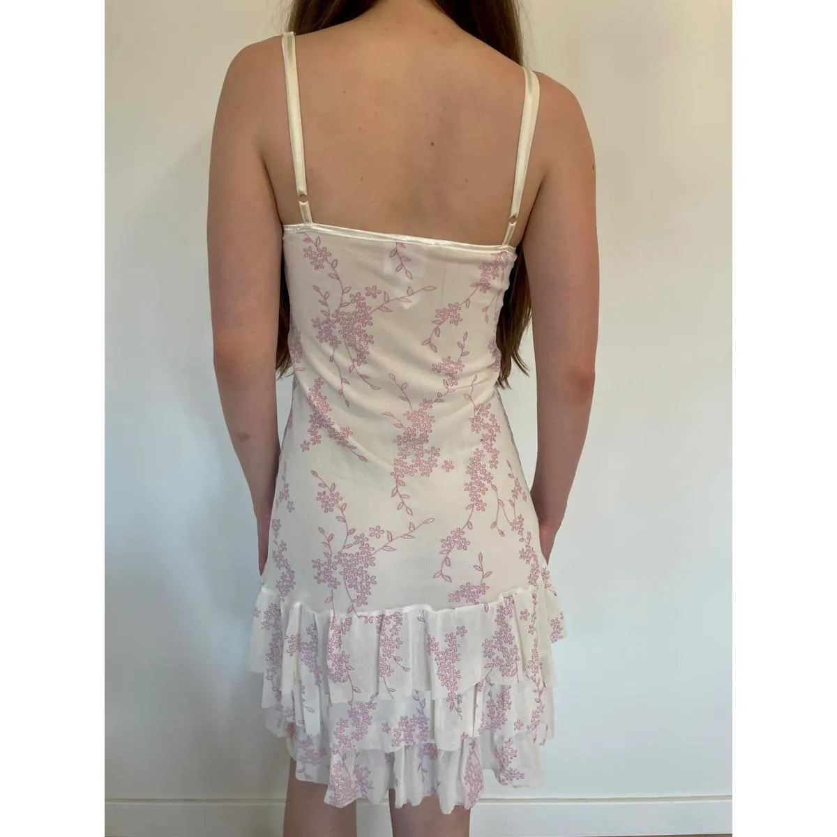 Pearl Lace White and Pink Floral Flounce Mini Dress - Image 7