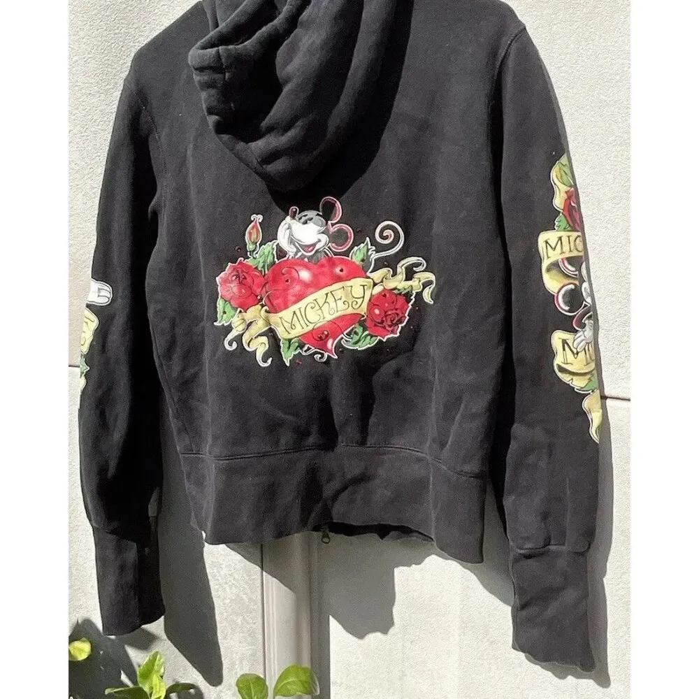 Disney Parks Mickey Mouse Hoodie Rose Tattoo Women’s Sz L Black Zip Up Jacket - Image 10