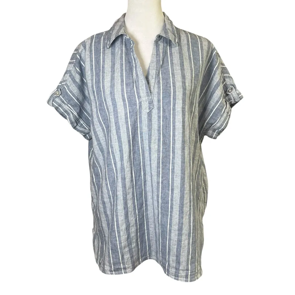 Sigrid Olsen Linen Cotton Blue Striped Popover Short Sleeve Top Sz Small Boho - Image 7