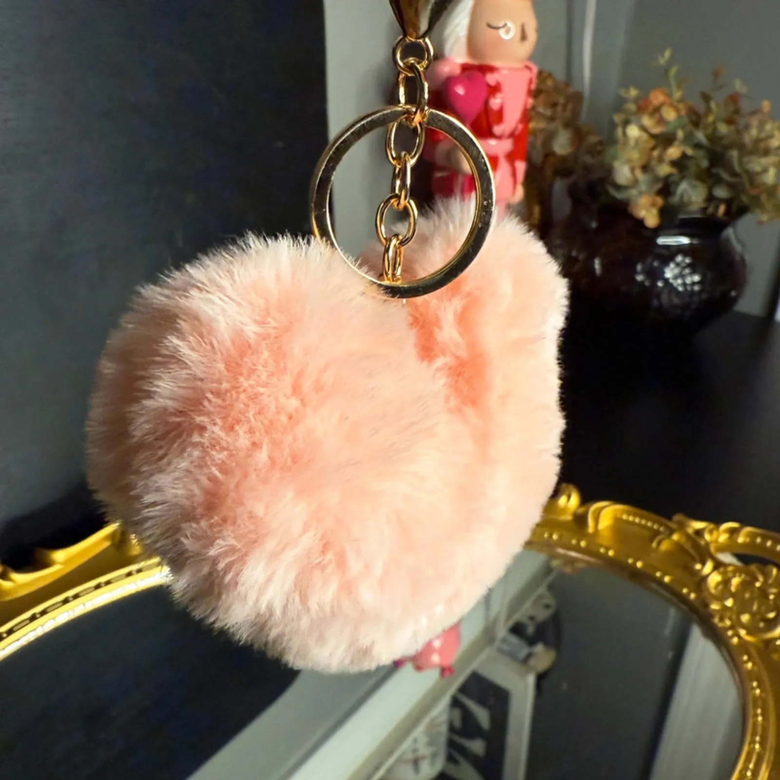 Pink Faux Fur Heart Keychain Bag Charm Blush Gold Clip NWT - Image 2
