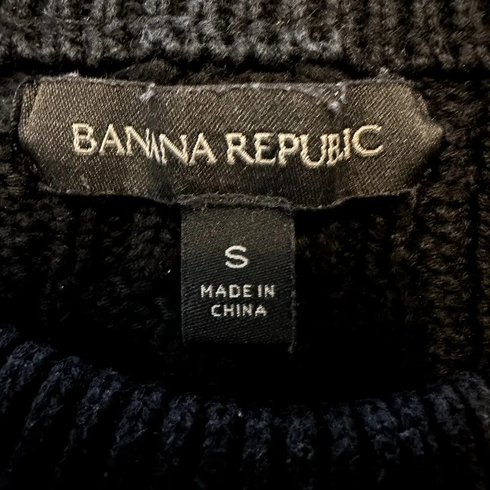 Banana Republic Cotton Cable Knit Sweater Crewneck Button Detail Black Small - Image 3