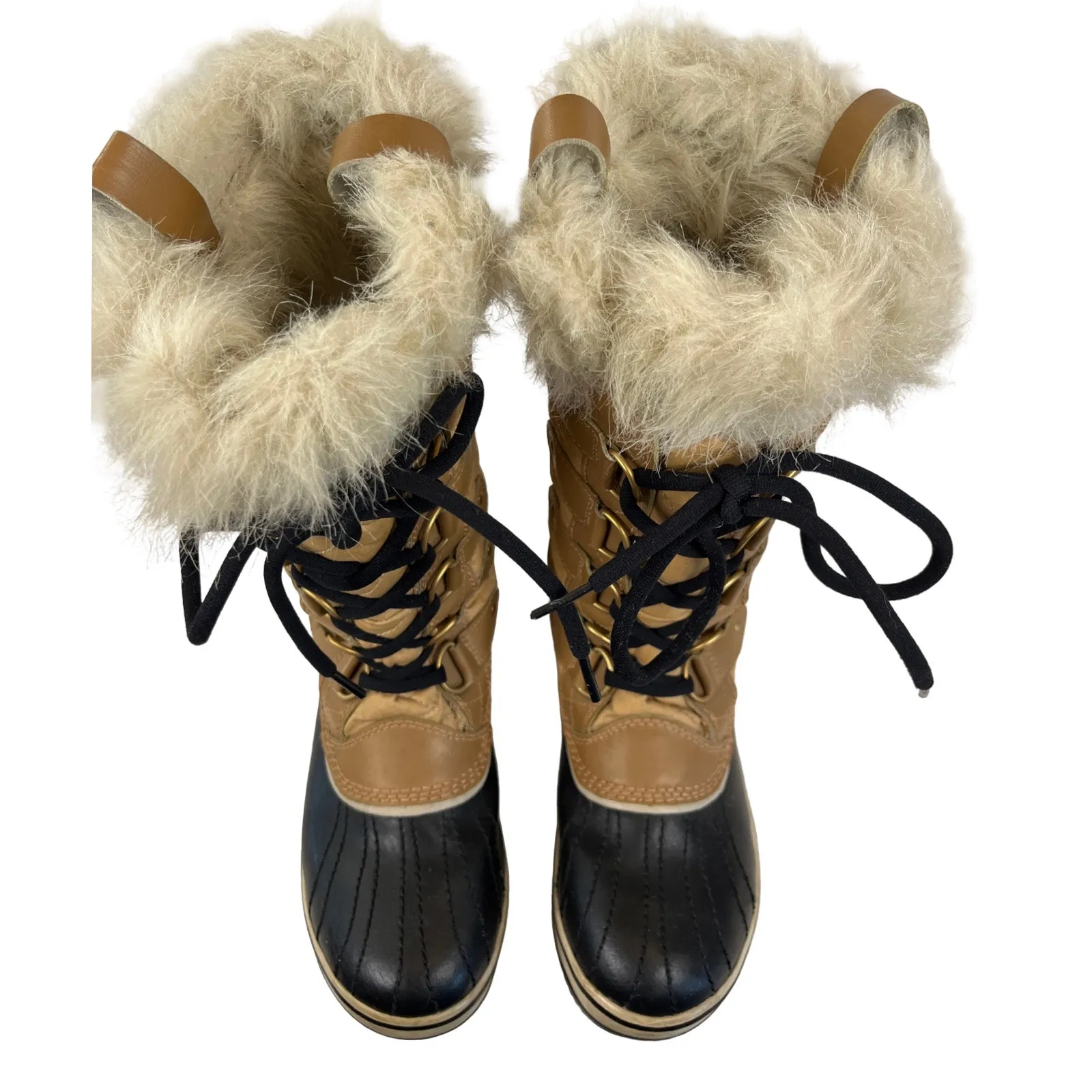 Sorel Joan Of Arctic Waterproof Winter Boots Quilted Faux Fur Tan Black 8 - Image 8