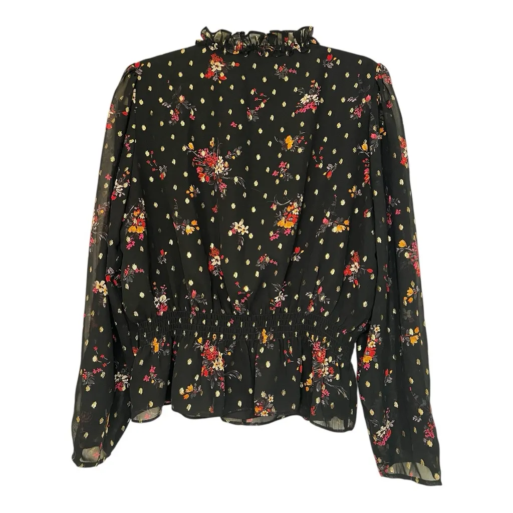 Vince‎ Camuto Large Black Semi Sheer Smocked Lined Tie Ruffled Floral Blouse - Image 9