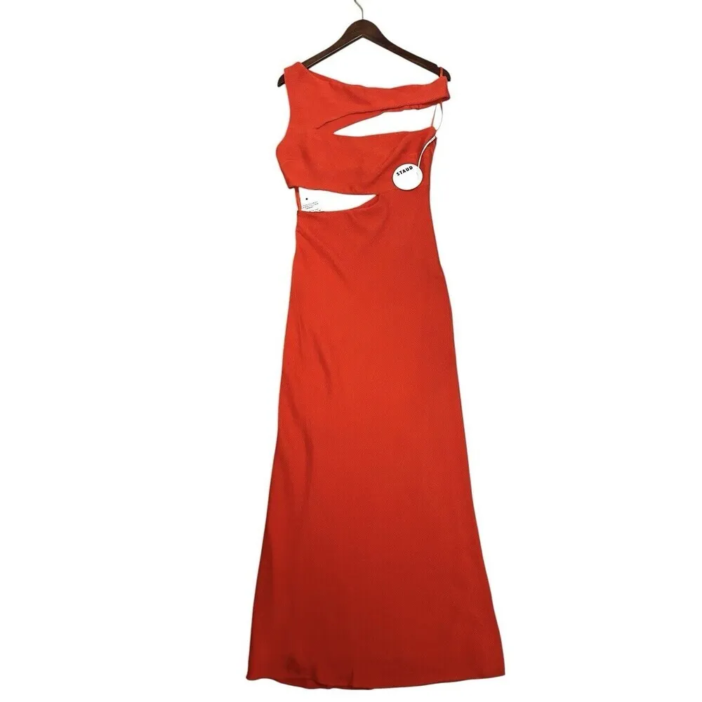 STAUD Prismatic Dress with cut-out Side Slit Off Shoulder Papaya Orange Size 6 - Image 4