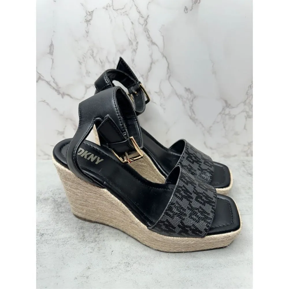 DKNY Sandals Womens Size 5 Black Ankle Strap Espadrille Open Toe Wedges New - Image 3