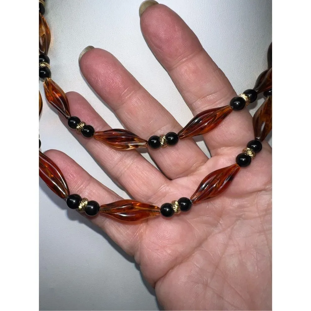 Vintage Monet Faux Amber and Black Plastic Bead Barrel Closure Necklace 36” - Image 5