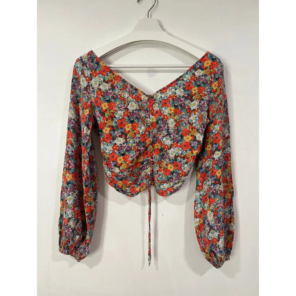 Womens H&M Boho Rayon Floral Puff Sleeve Cropped Blouse Small Spring Summer - Image 5