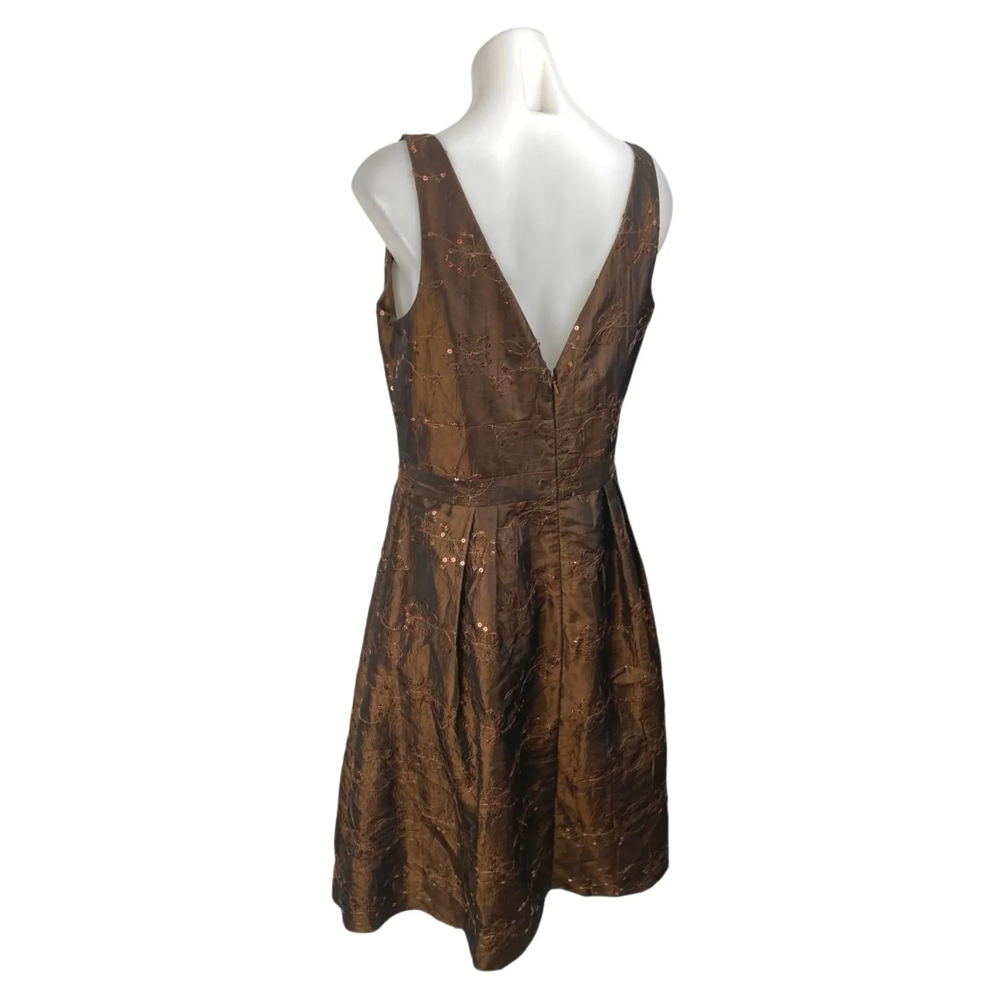 JS Collection Brown Satin Sequin Floral Embroidered Sleeveless Flare Dress 10 - Image 2