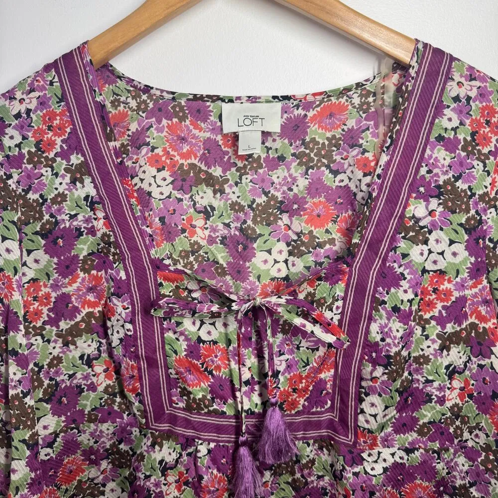 Ann Taylor Loft Top Women L Purple Floral 3/4 Sleeve Peasant Blouse Boho Spring Size L - Image 5
