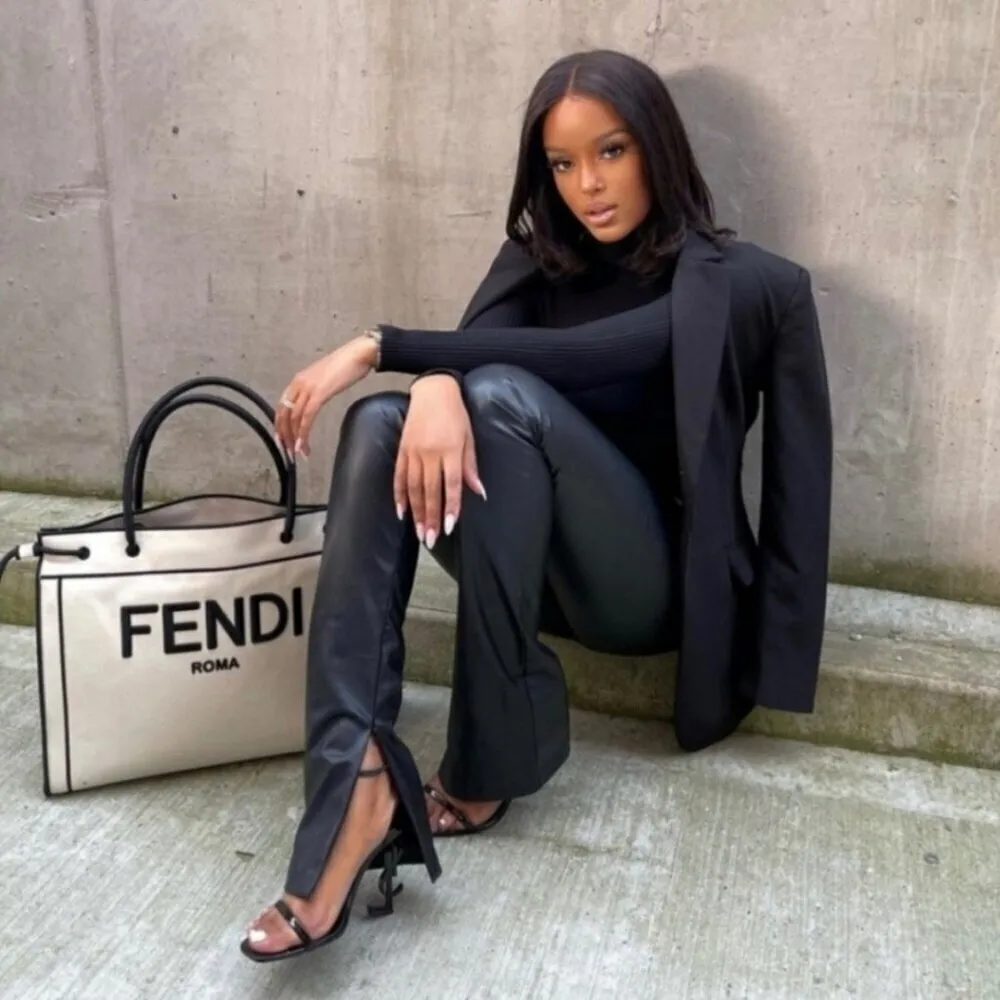 Zara Faux‎ Leather Pants Split Hem Contemporary Office Holiday Black Size Large - Image 2