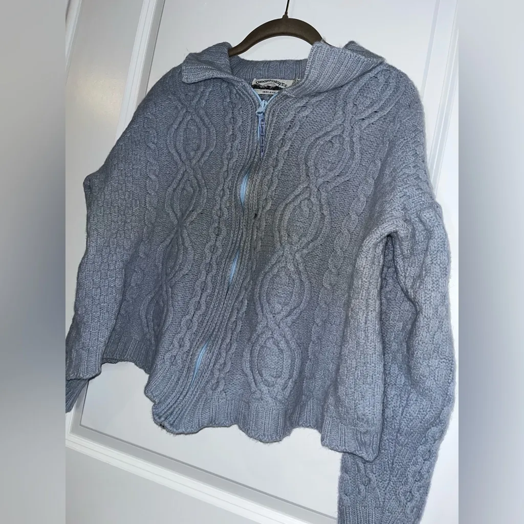 Aran Crafts Merino Wool Full Zip Fisherman Cable Knit Blue Sweater Jacket Sz L Size L - Image 12