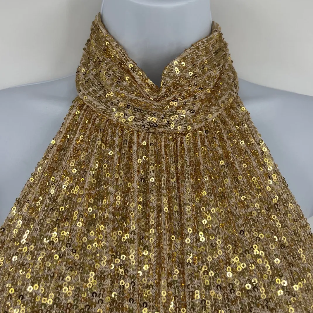 Ieena for MacDuggal Sequin Halter Dress Sz 8 Gown Gold Sequin Prom Gala Formal - Image 3