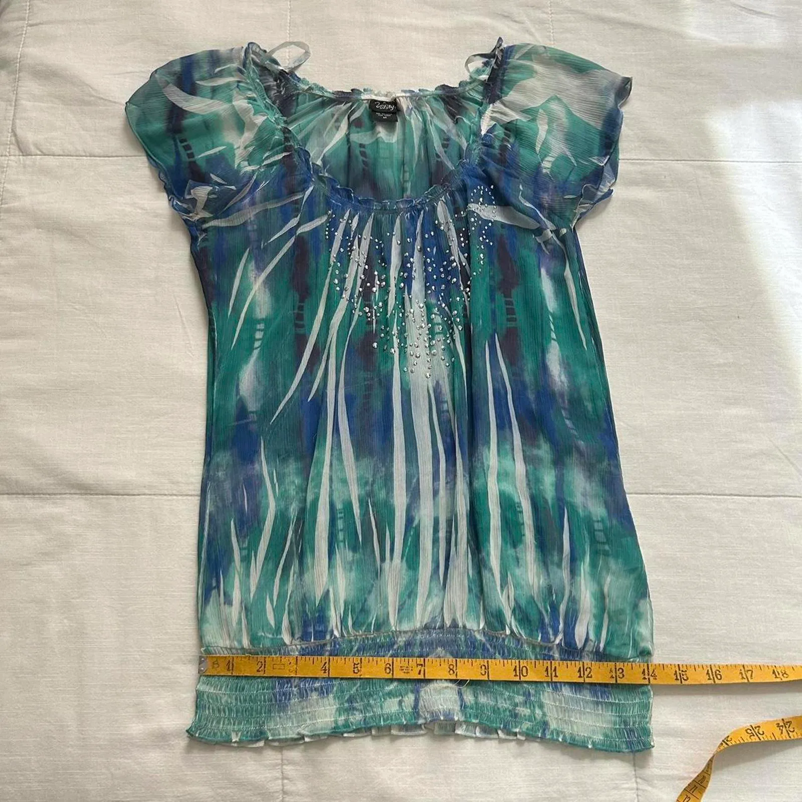 Y2K blue green tie dye sublimation print semi sheer bubble hem top rhinestones Size M - Image 8