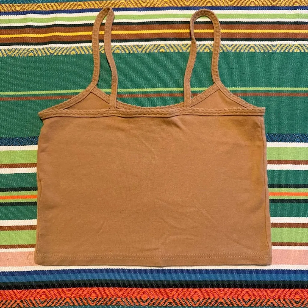 Topshop cropped cami top in ribbed cotton, camel tan color size 2 / XS - Image 2