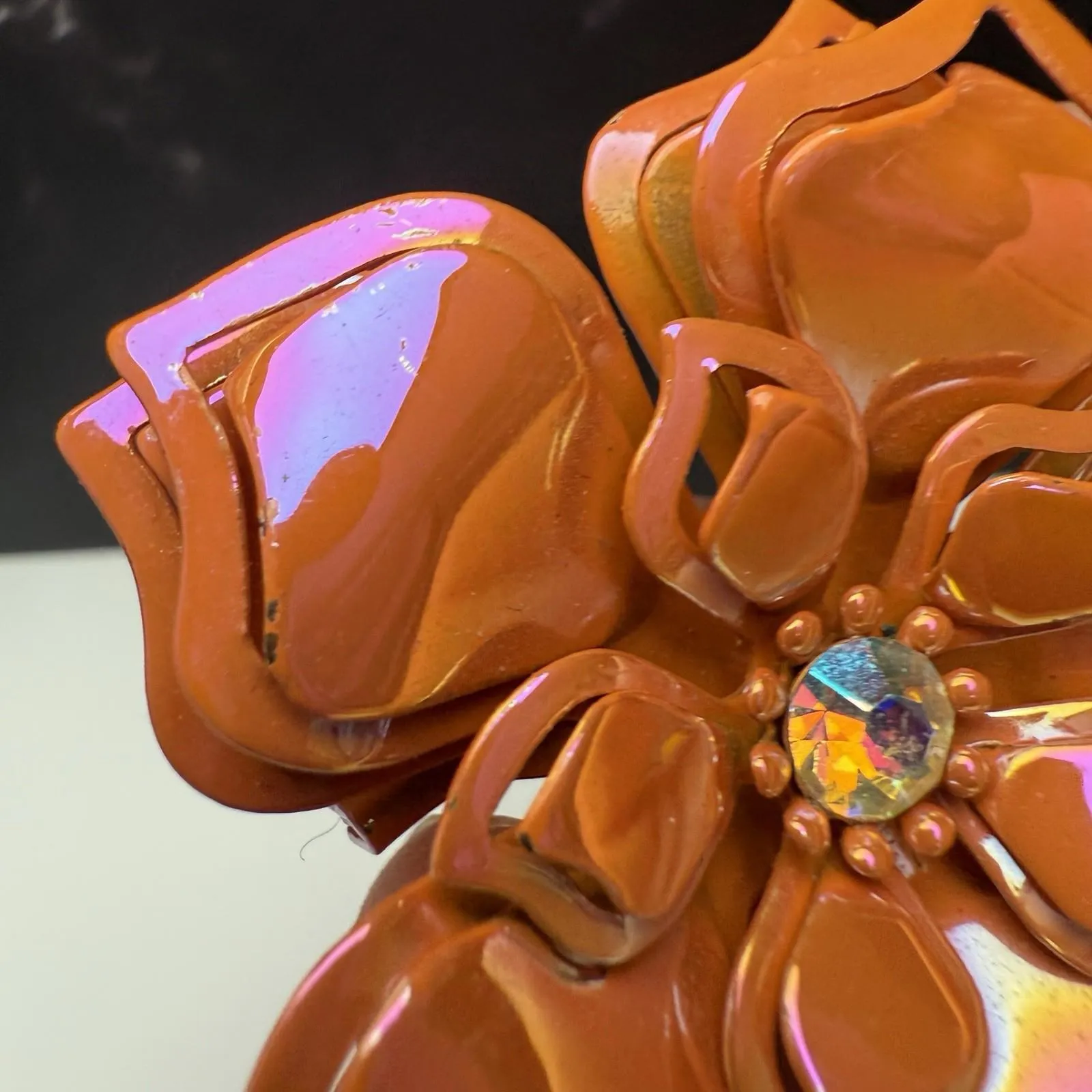 Retro Orange Enamel Metal Flower Brooch Pin AB Aurora Borealis Rhinestone - Image 6
