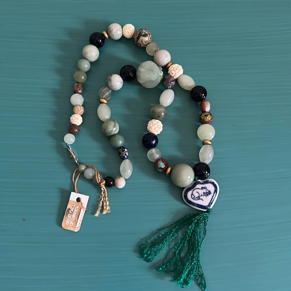 Year of the Rat Pendant Tassel Mixed Gemstone Glass Cloisonné Bead Necklace Green - Image 9