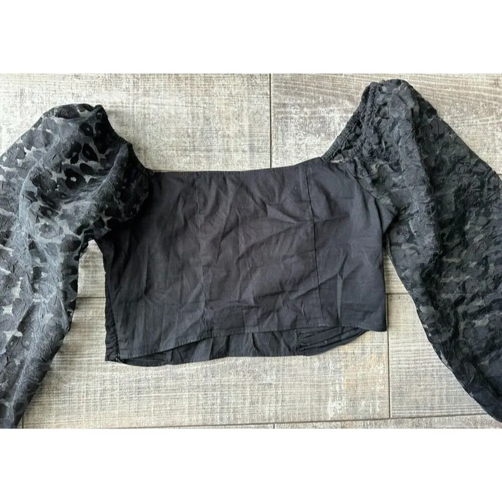 Zara Womens Medium Top Animal Leopard Print Organza Puff Vneck Sleeve Crop Black - Image 4