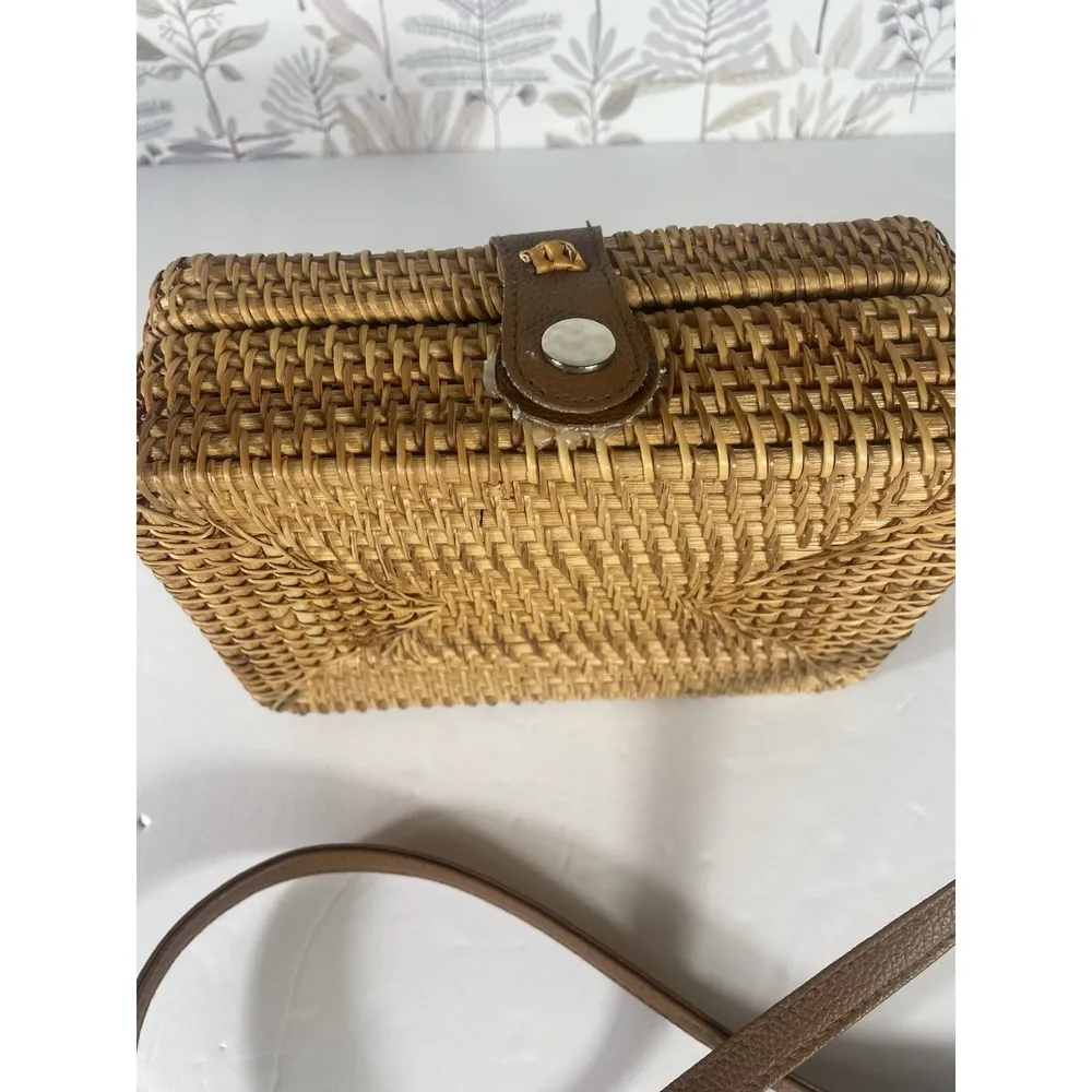 Handcrafted Vegan Rattan Woven Crossbody Purse Bag Boho Summer Beach Straw Style Brown - Image 2
