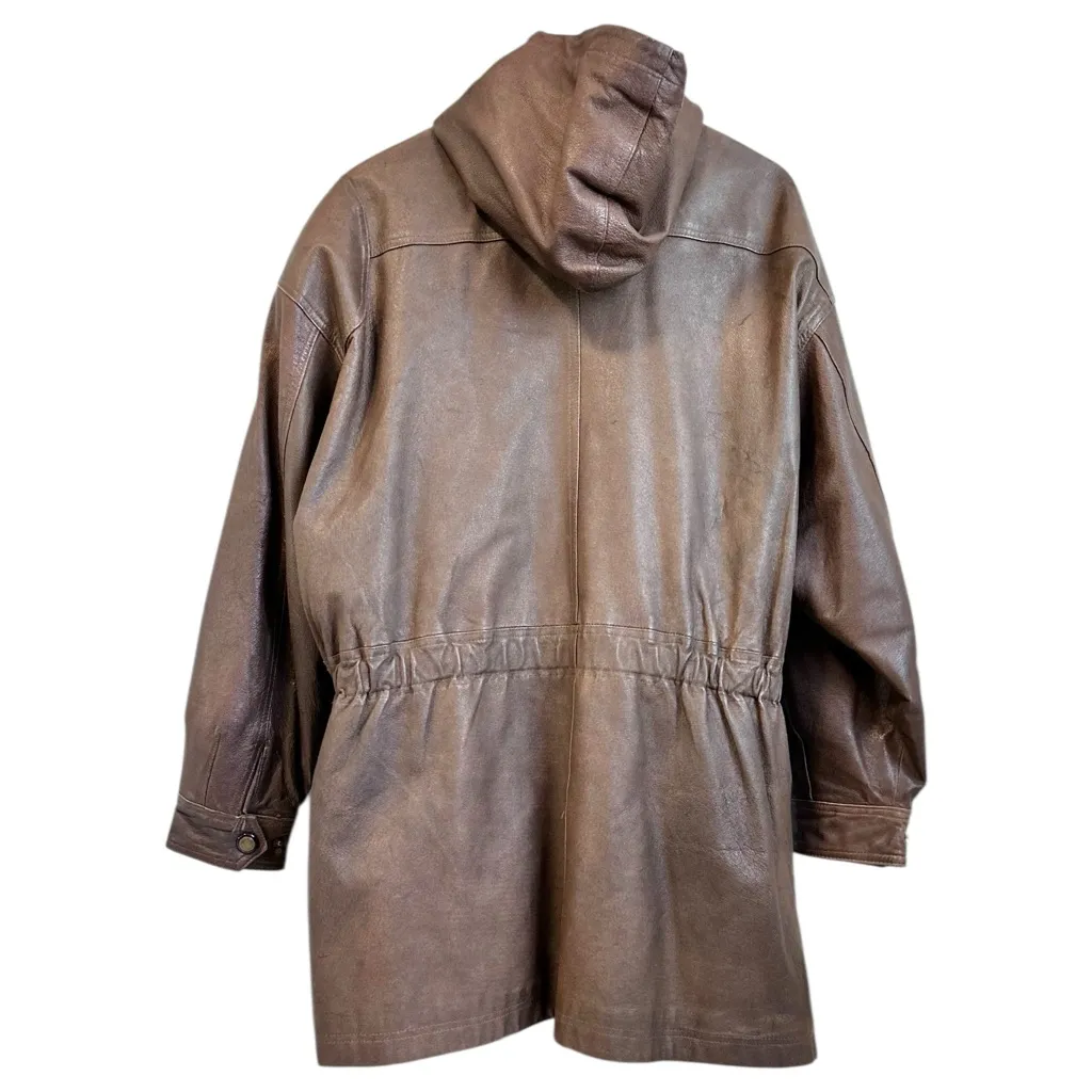 Vintage Coat Women Large Brown Leather Utility Chore Hood Patch Pocket western - Image 2