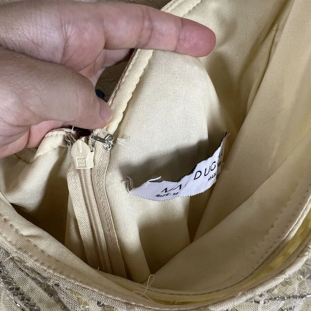 Mac Duggal Butter Yellow Gown Beaded Faux Wrap Size 14 Pastel Wedding Prom Gala - Image 6