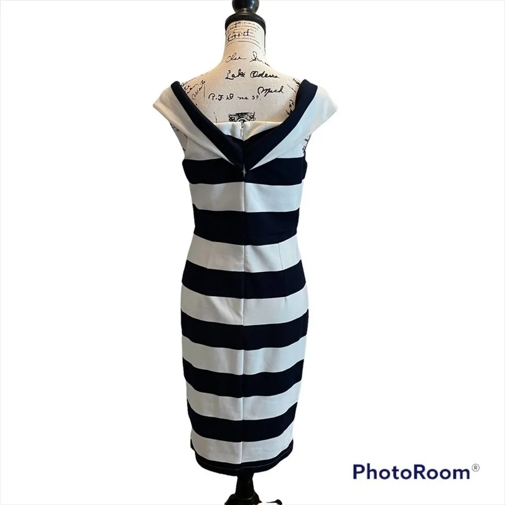 Dance & Marvel Bodycon Off Shoulder Dress Navy Blue White Size Large Stripe - Image 5