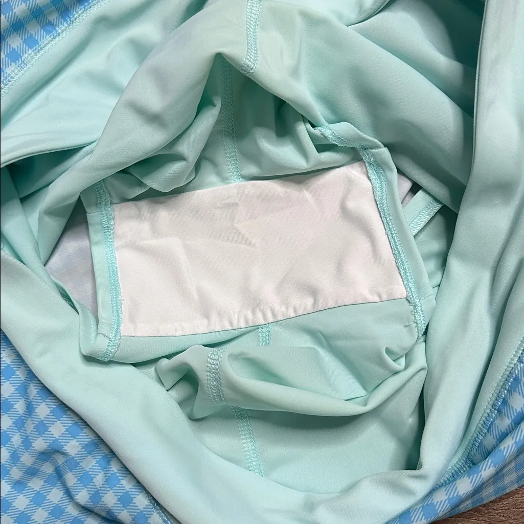 Lands' End 17” Board Skort Swim Skirt Blue Mint Gingham Plaid Size 12 - Image 11