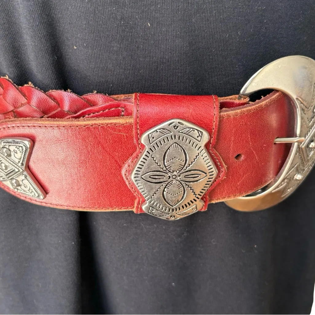 Vintage Braided Southwestern Wide Leather Belt with Silver Buckle, Sz M Red - Image 2