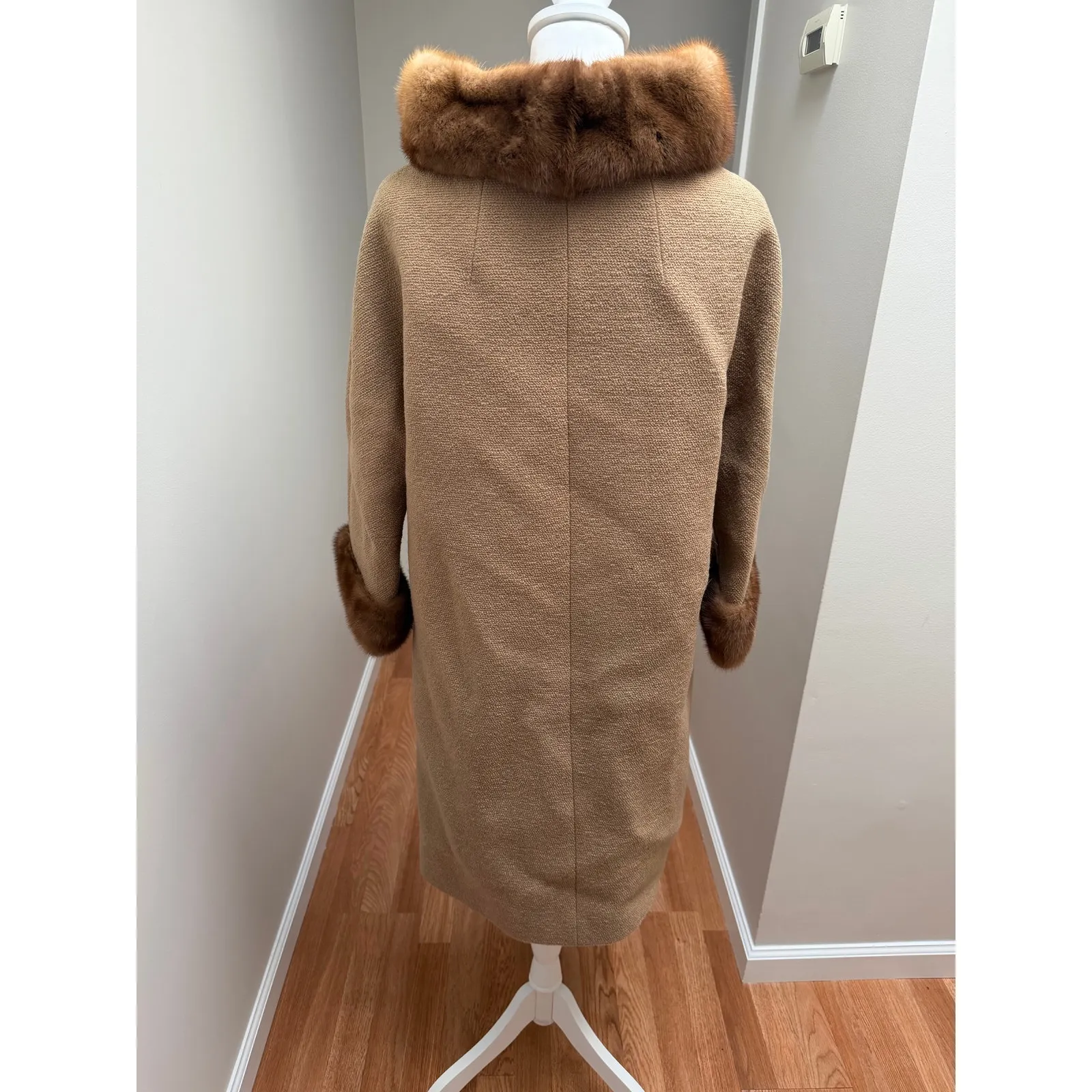 Vintage David Crystal Wool Coat Womens L Camel Fur Trim Double Breasted Luxe Tan Size L - Image 5