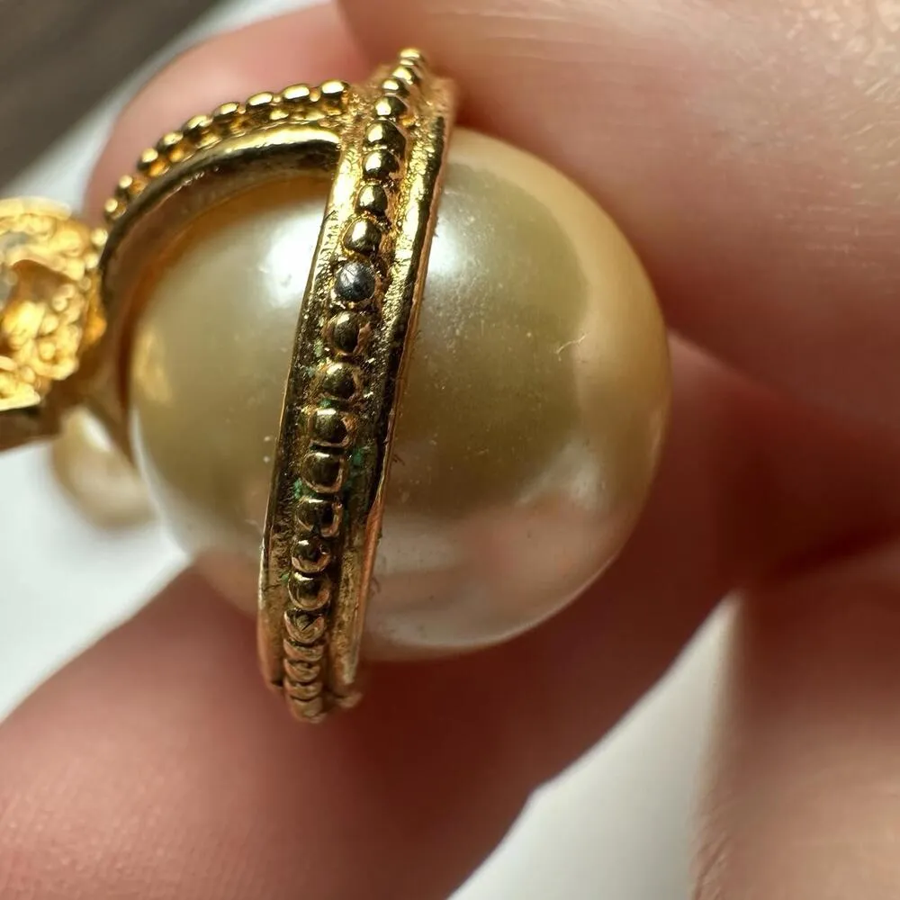 Joan Rivers Fleur De Lis Faux Pearl Rhinestone Gold Tone Pierced Earrings - Image 7