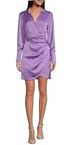 LUCY PARIS Purple Satin Twist Front Collared Long Sleeve Shirt Dress Size L - Image 1