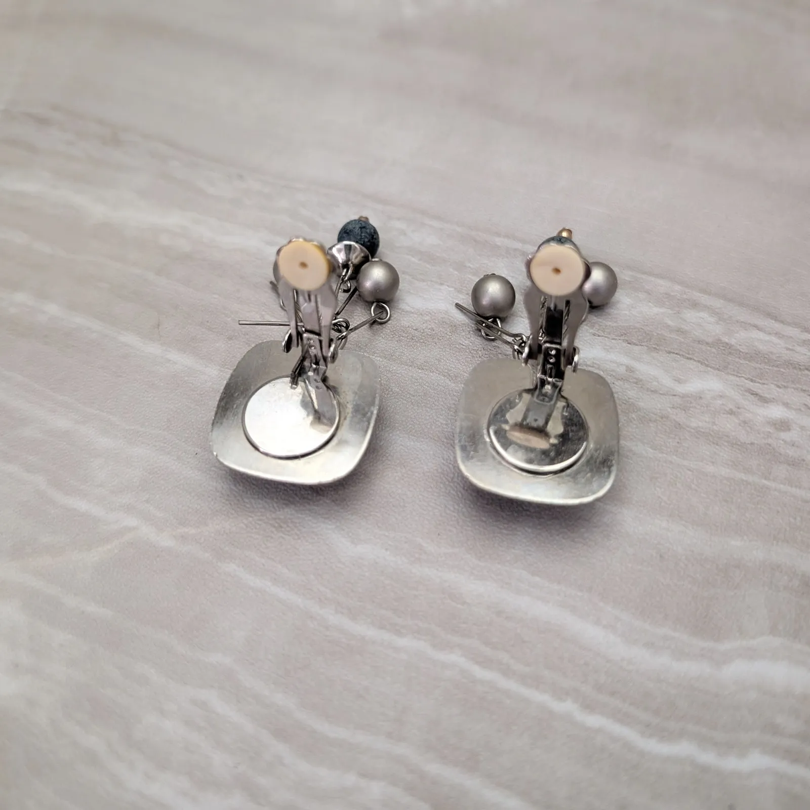 Vintage Clip On Earrings Large Statement Dangle Silver Tone & Muted Dark Blue - Image 4