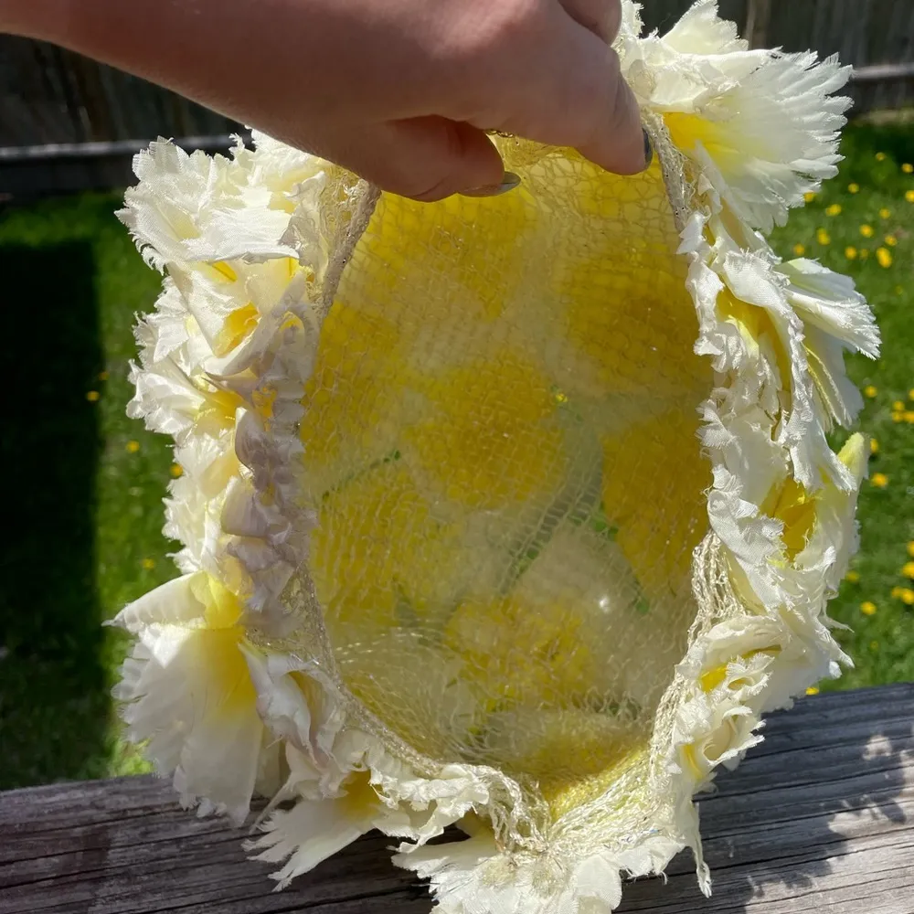 Vintage Floral Netted Wig Hat Union Made Yellow - Image 6