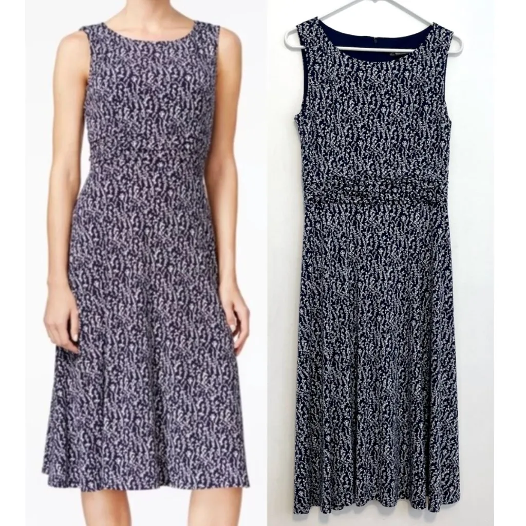 JESSICA HOWARD Ruched A-Line Dress Navy Blue White Floral Sleeveless Midi Office - Image 2