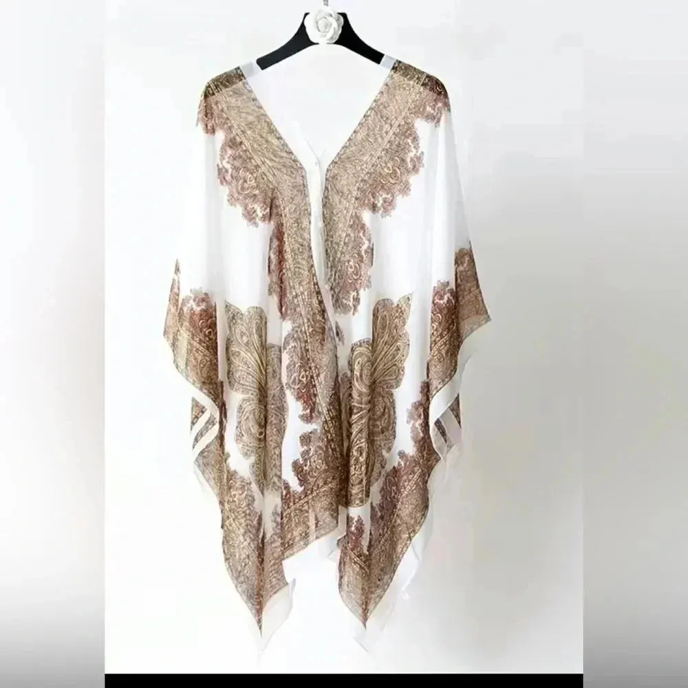 Boho poncho/ summer swim cover up New one size fits most White - Image 2