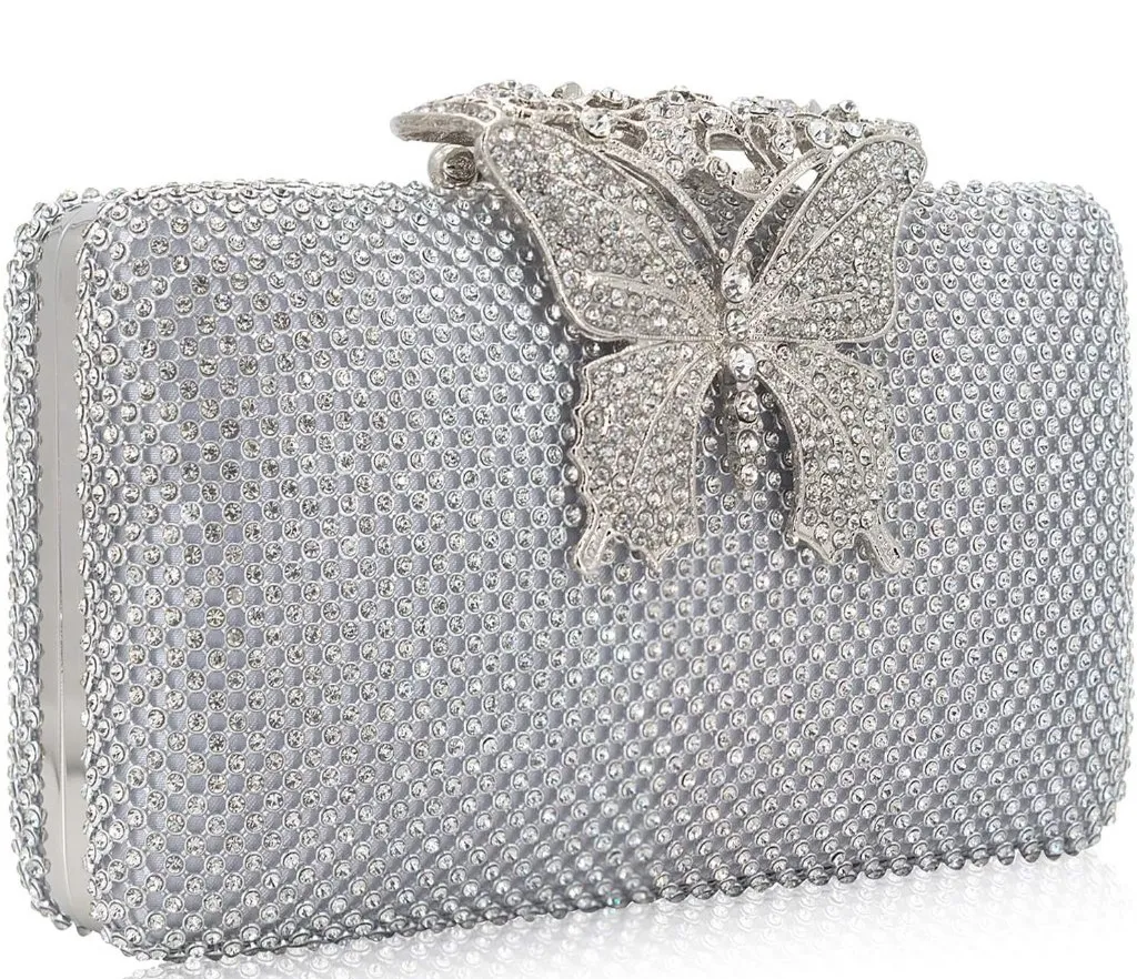 ⚡Women's Silver Velvet Fabric Butterfly Clasp Crystal Evening Clutch Bag - Image 1