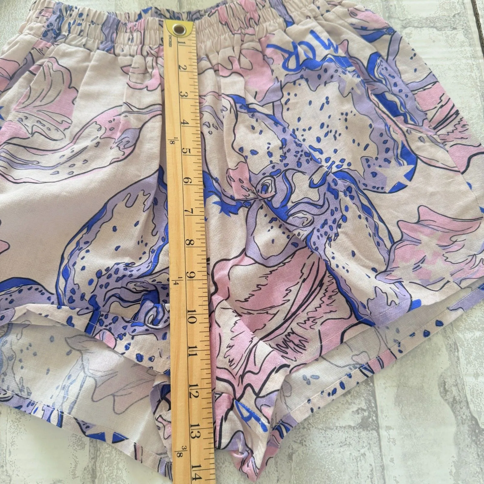 Las Sureñas Amor Blue Linen Blend Elastic Waist Lightweight Pool Day Shorts Sz S White - Image 7