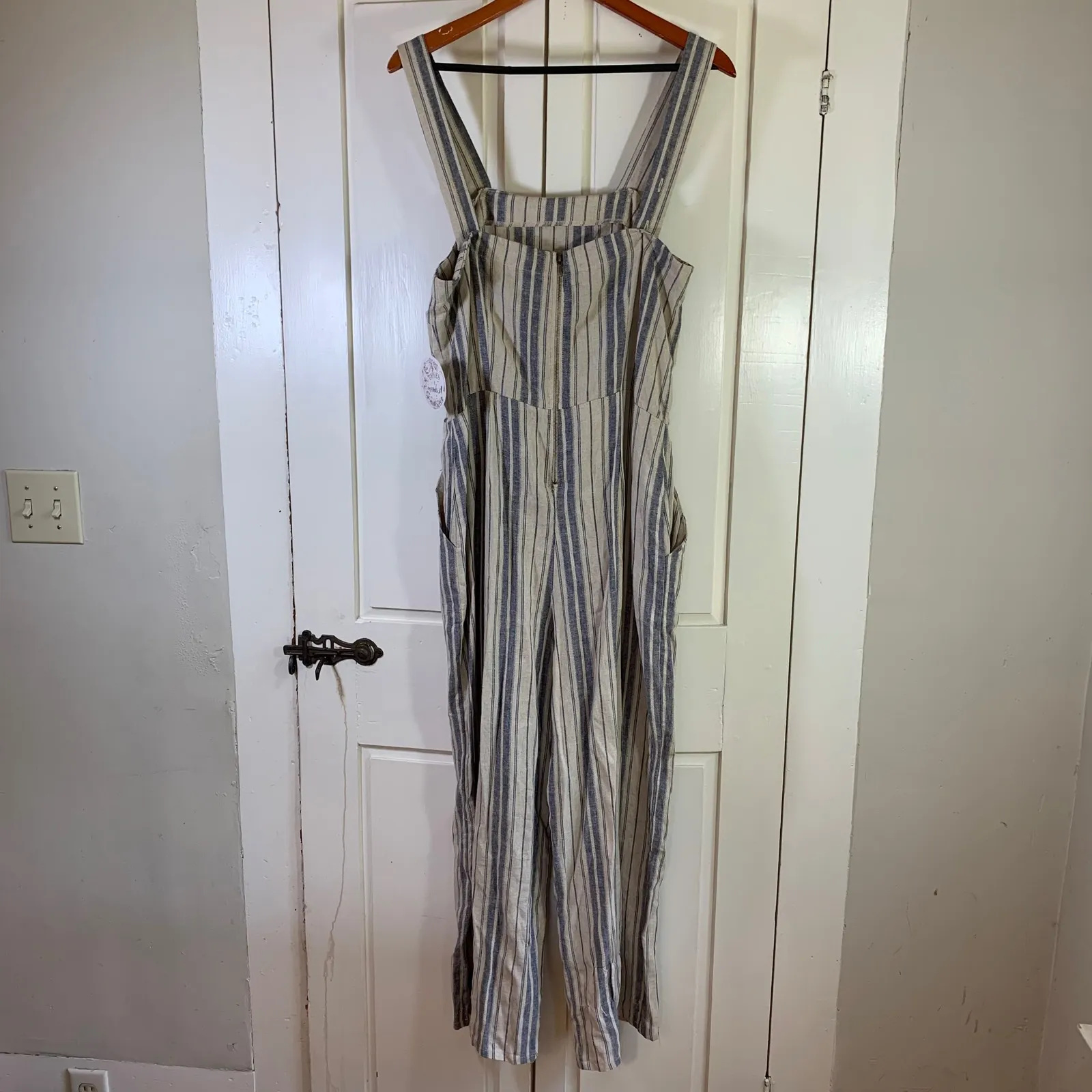 Gypsies & Moondust Striped Jumpsuit Women's Large‎ Linen Blend Casual Coastal - Image 2