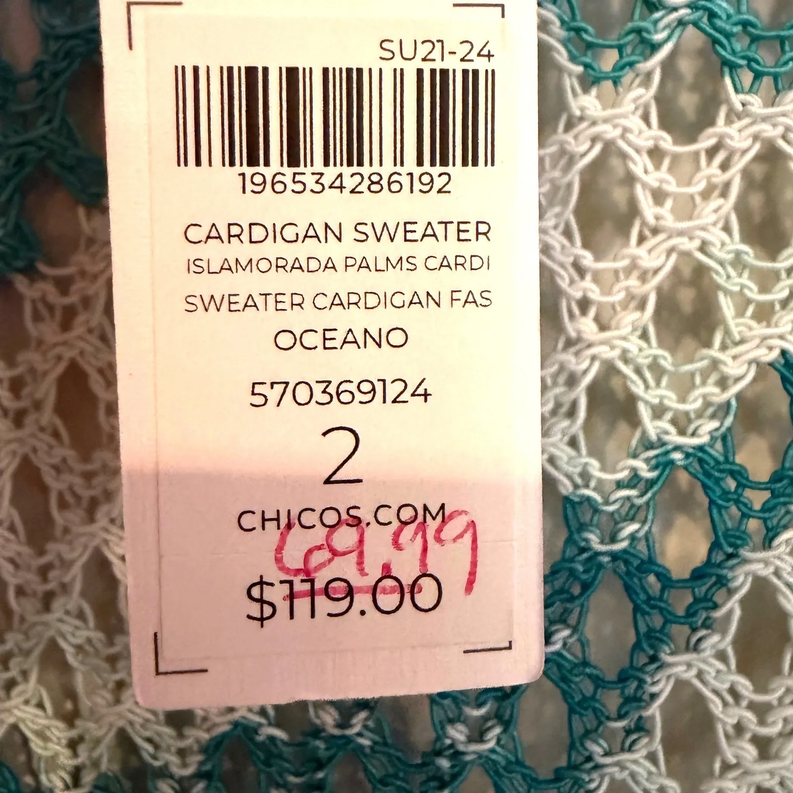 Chicos Palms Mesh Cardigan Sweater Women's Large Teal Tropical Resortwear Boho - Image 9