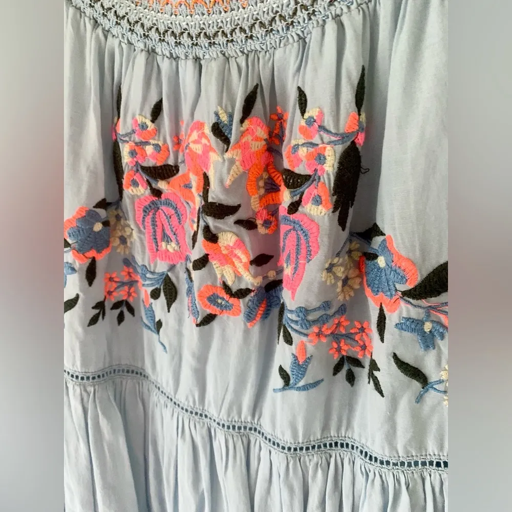 Free People Loose Embroidered Light Blue Off Shoulder Floral Tunic - Image 5