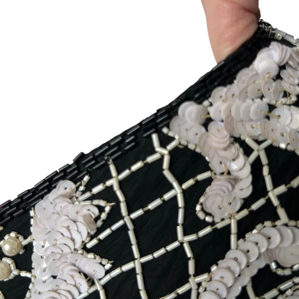 Vintage 80s Beaded Sequined Party Cocktail Mini Dress Carina Black White M Glam Size M - Image 13