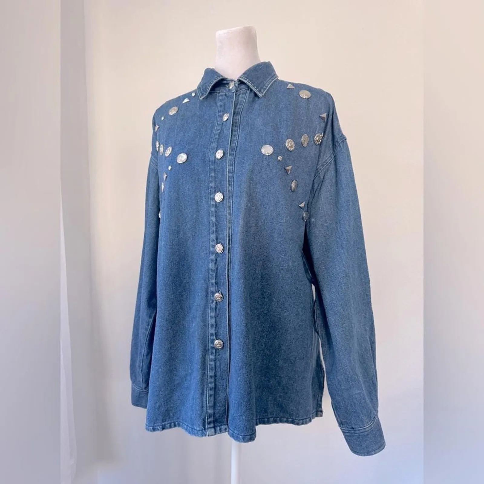 Vintage ‘90s Cedars Embellished Denim Relaxed Fit Long Sleeve Button Down Shirt Blue Size M - Image 3