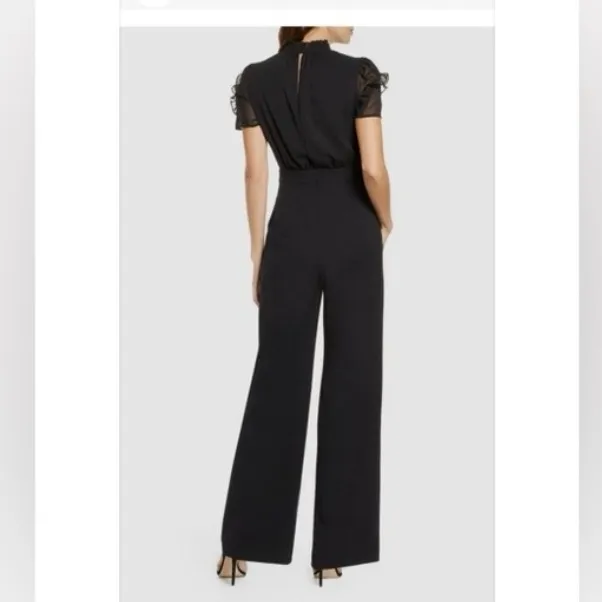VINCE CAMUTO Chiffon Bodice Jumpsuit Size 2 Black Short Sleeve Mock Neck - Image 2