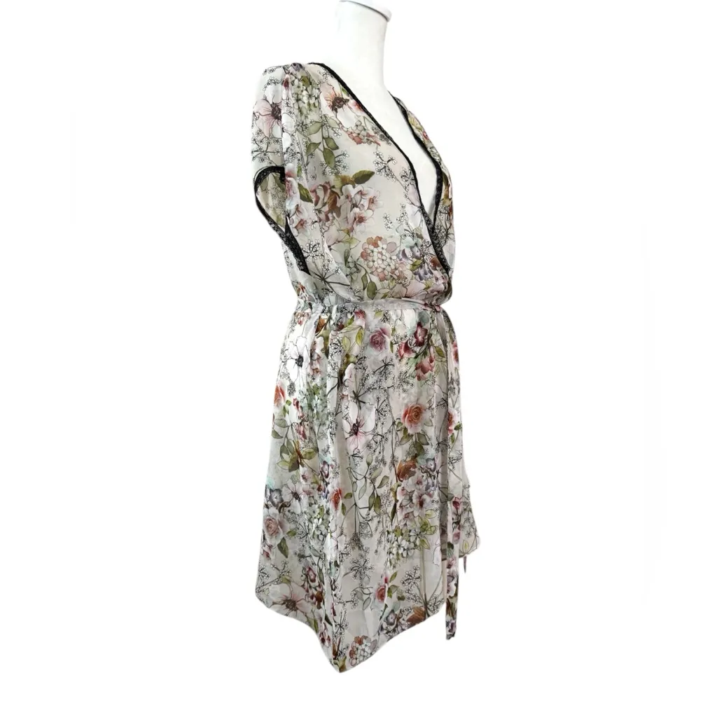 FLORA NIKROOZ short floral sheer wrap intimates robe, size M - Image 2