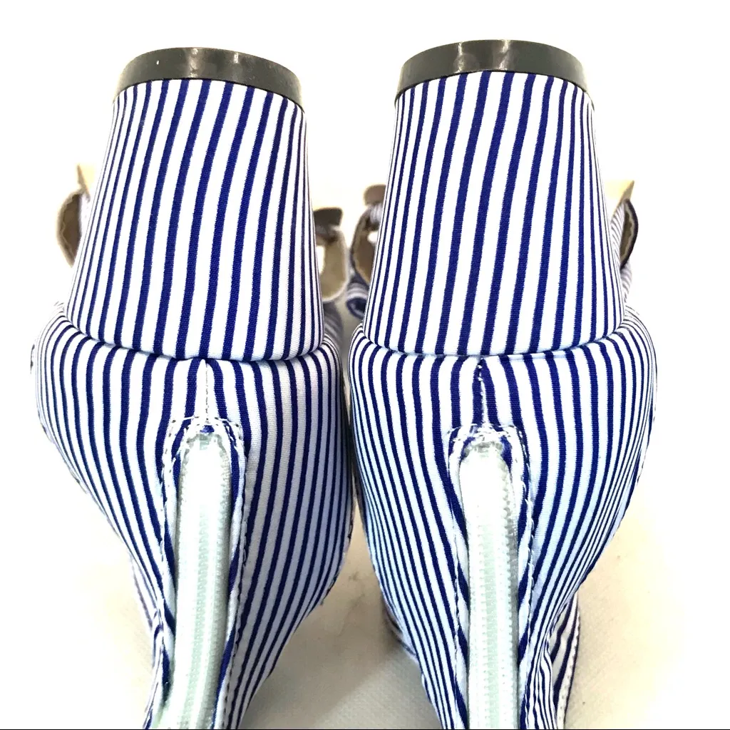 J. ADAMS "APRIL" BLUE & WHITE STRIPED LOW HEEL SANDALS W/POM POMS NIB (7) - Image 11