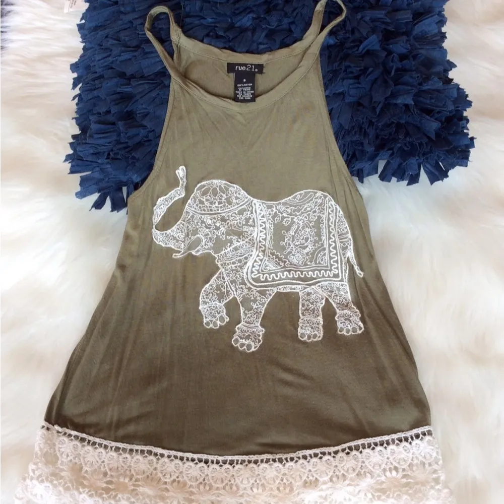 Babydoll Army Green Tank embroidered elephant crochet lace - Image 6