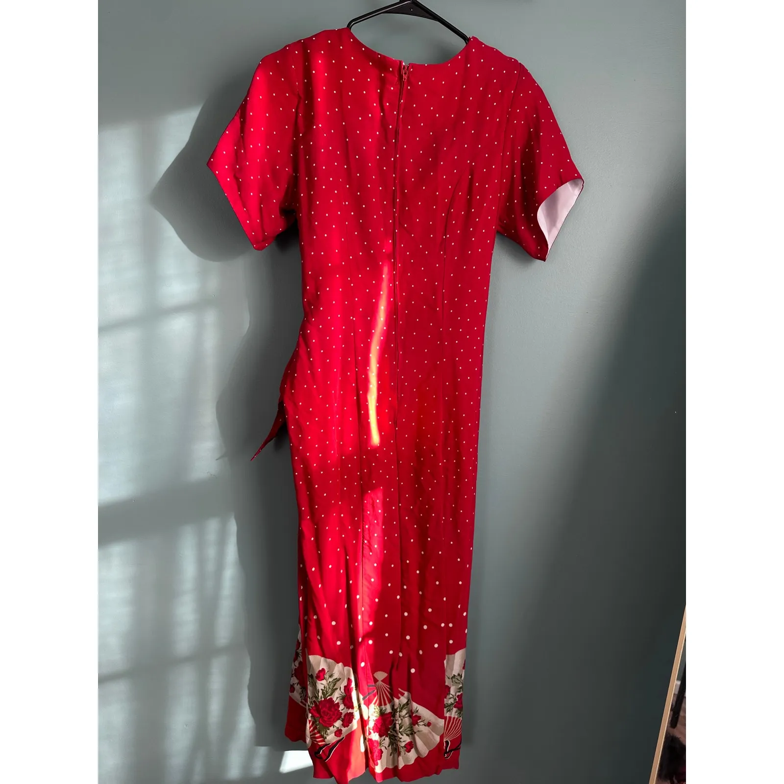 Vintage Finer Ropa De Moda Polka Dot Red Midi Wrap Dress w/ Rose Fan Size 10 - Image 5