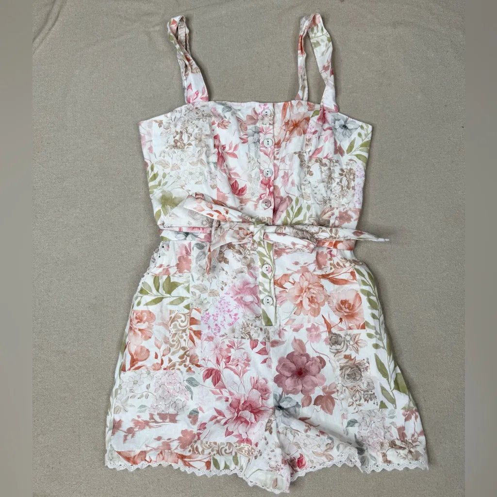 Rachel Zoe Romper Womens Size 6 Multicolor Pastel Floral  Belted Lace Trim - Image 15