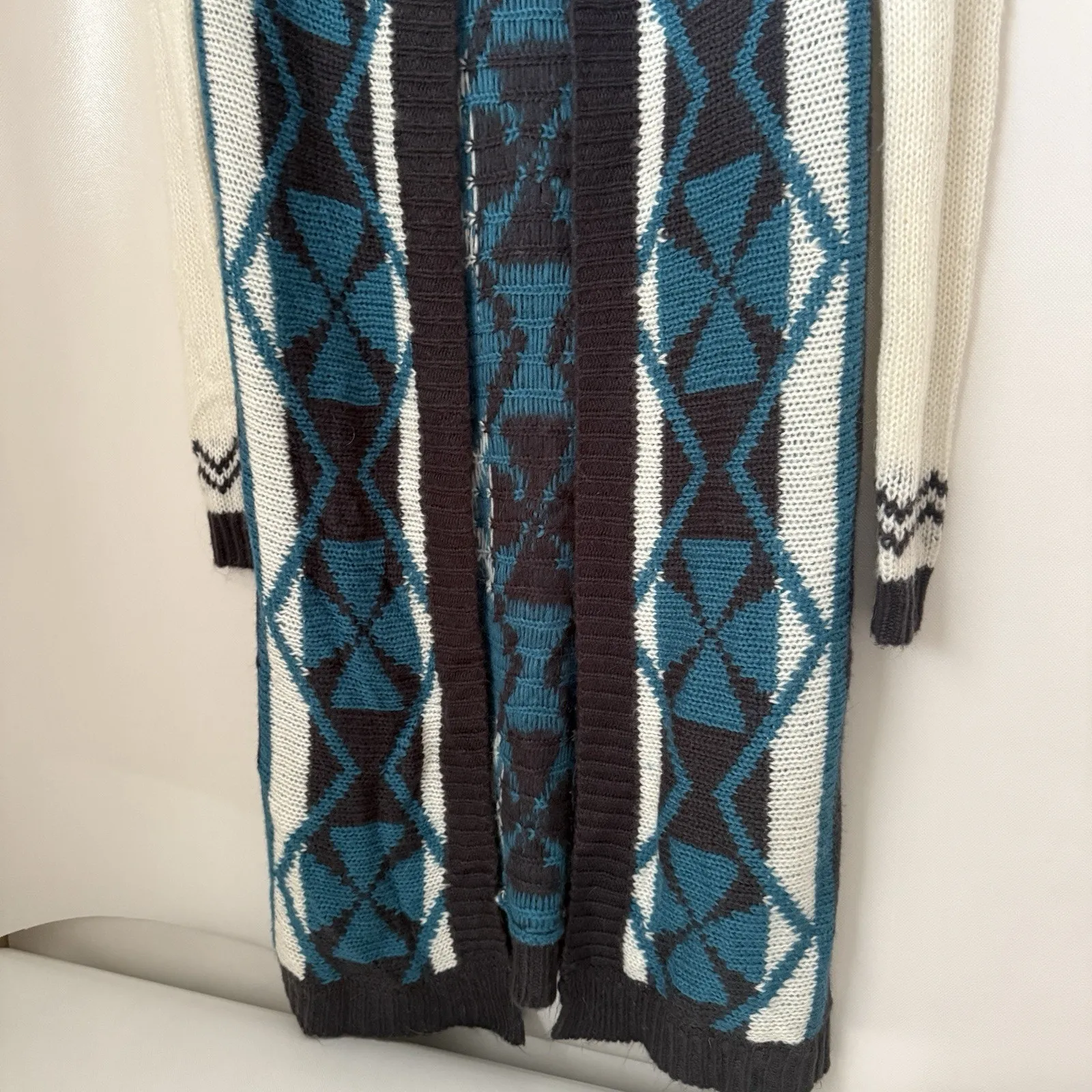 Western Aztec Print Sweater Duster Long Open Knit Teal Black Cowgirl Boho S - Image 3