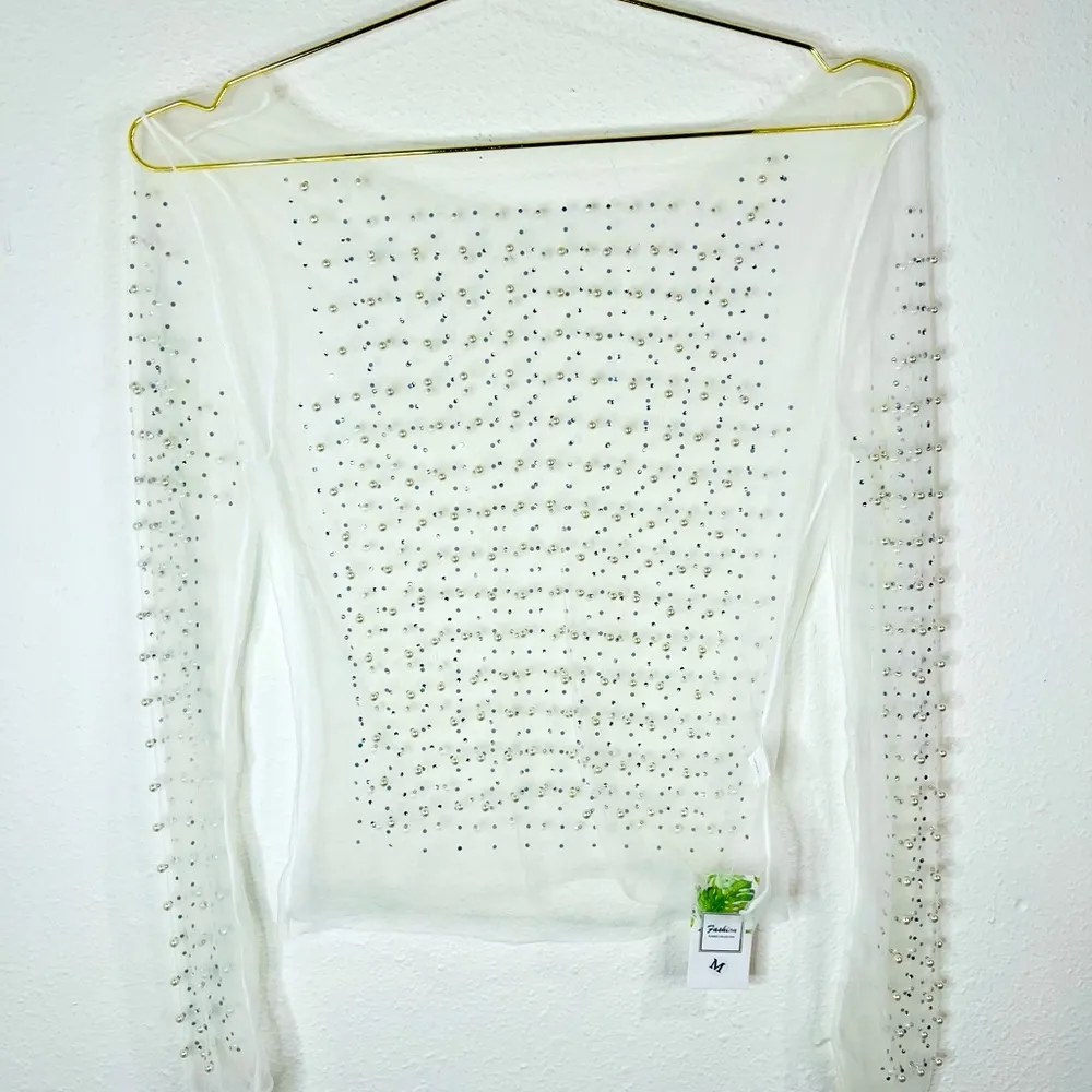 Sheer Mesh Rhinestone Crop Top Medium Party Clubwear Glam Look White - Image 7